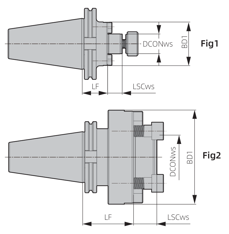 CAT FM face mill holder dimension drawings, Fig 1 and Fig 2